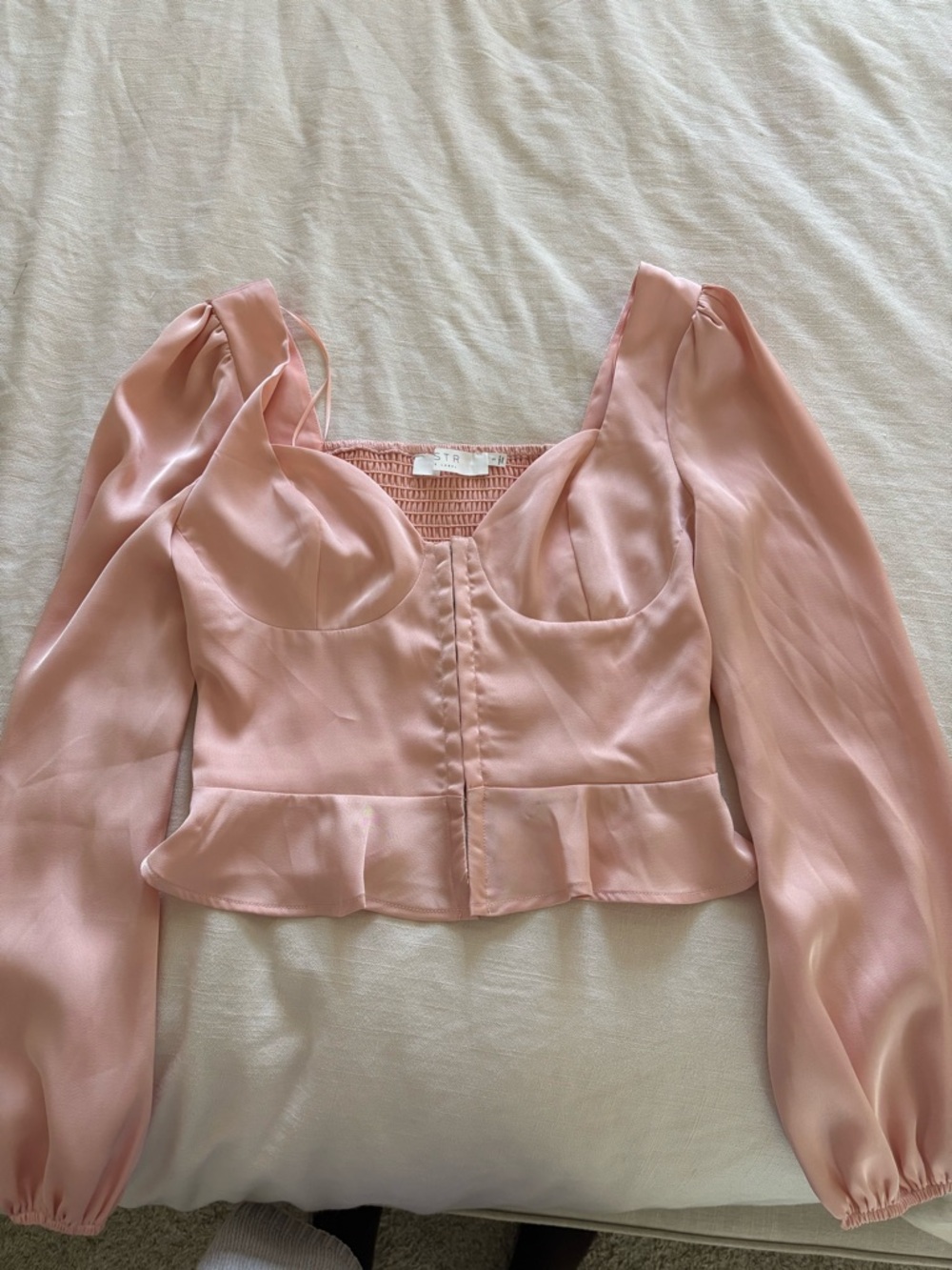 Astr Blush Pink Satin Peplum Button-Front Top